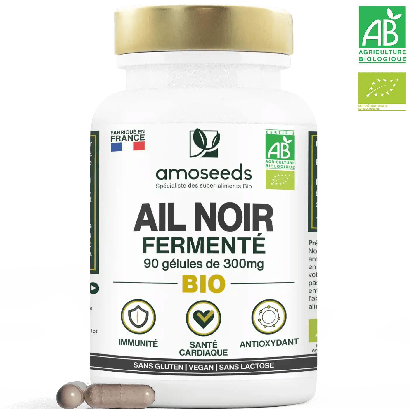 Ail noir fermenté Bio 300 mg - 90 gélules - Amoseeds - vue 1
