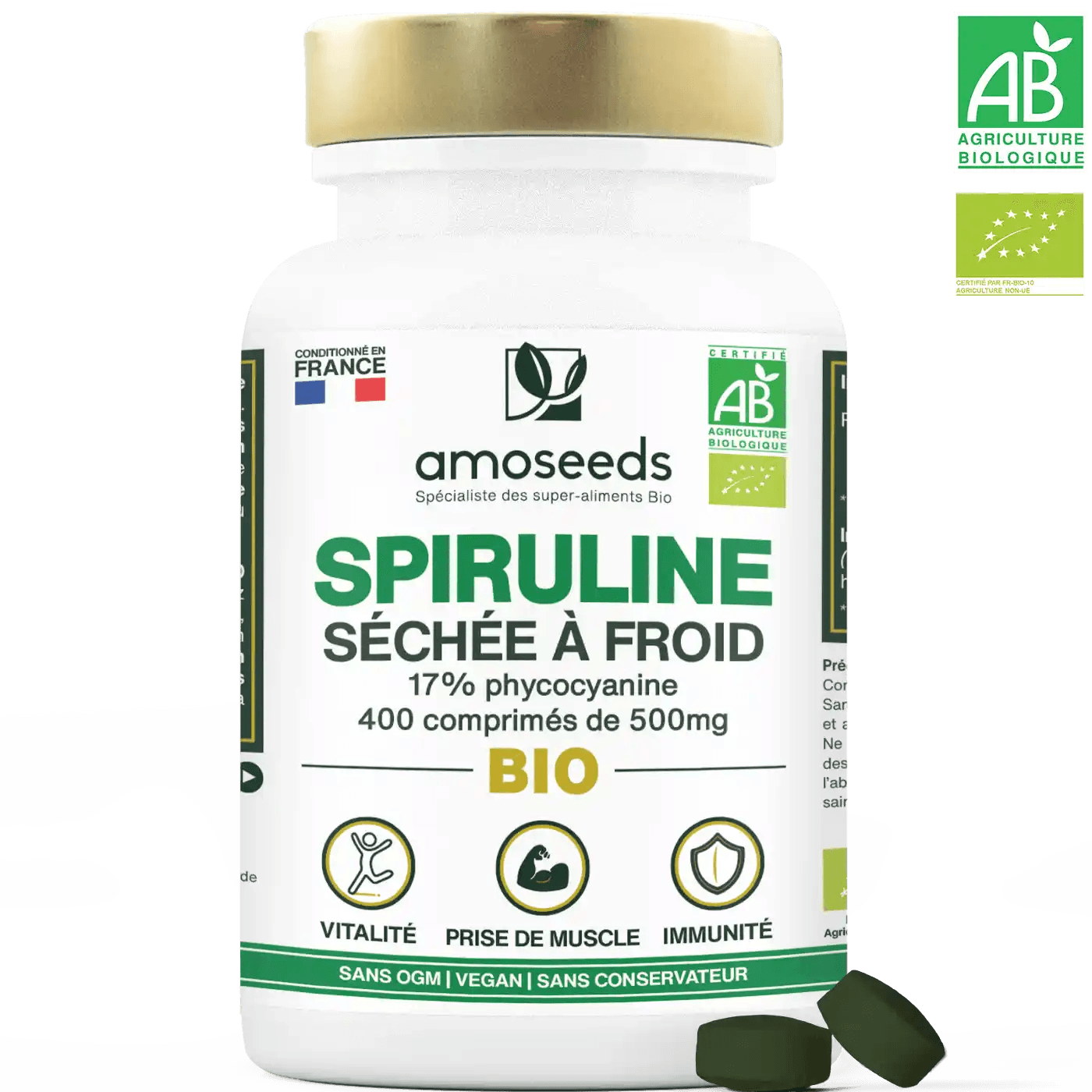 Spiruline Bio 500 mg à 17 % de phycocyanine - 400 comprimés - Amoseeds - vue 1
