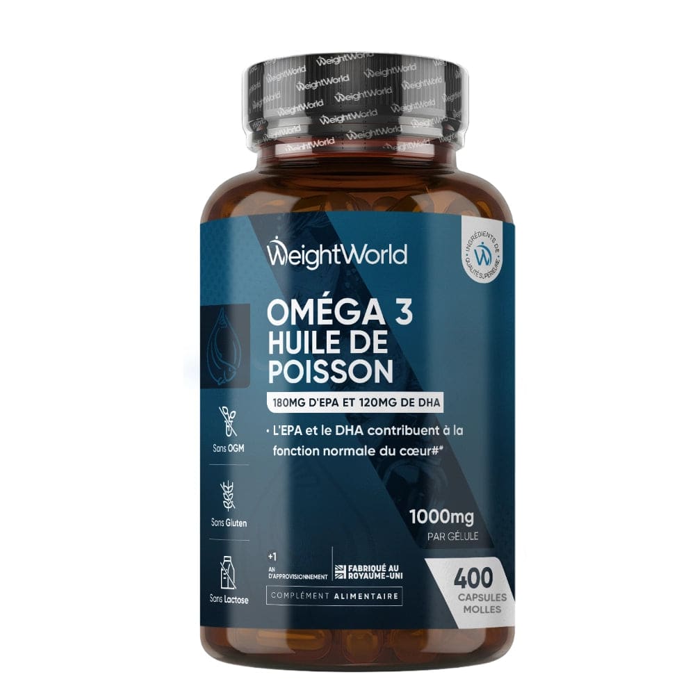 Oméga-3 Huile de poisson 1000 mg - EPA 180 mg + DHA 120 mg - 400 capsules - WeightWorld - vue 1