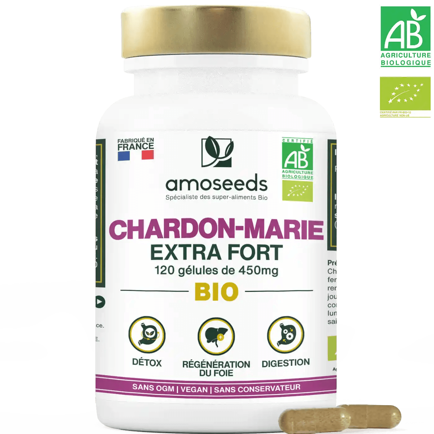Chardon-Marie Bio Extra Fort 450 mg - 120 gélules - Amoseeds - vue 1