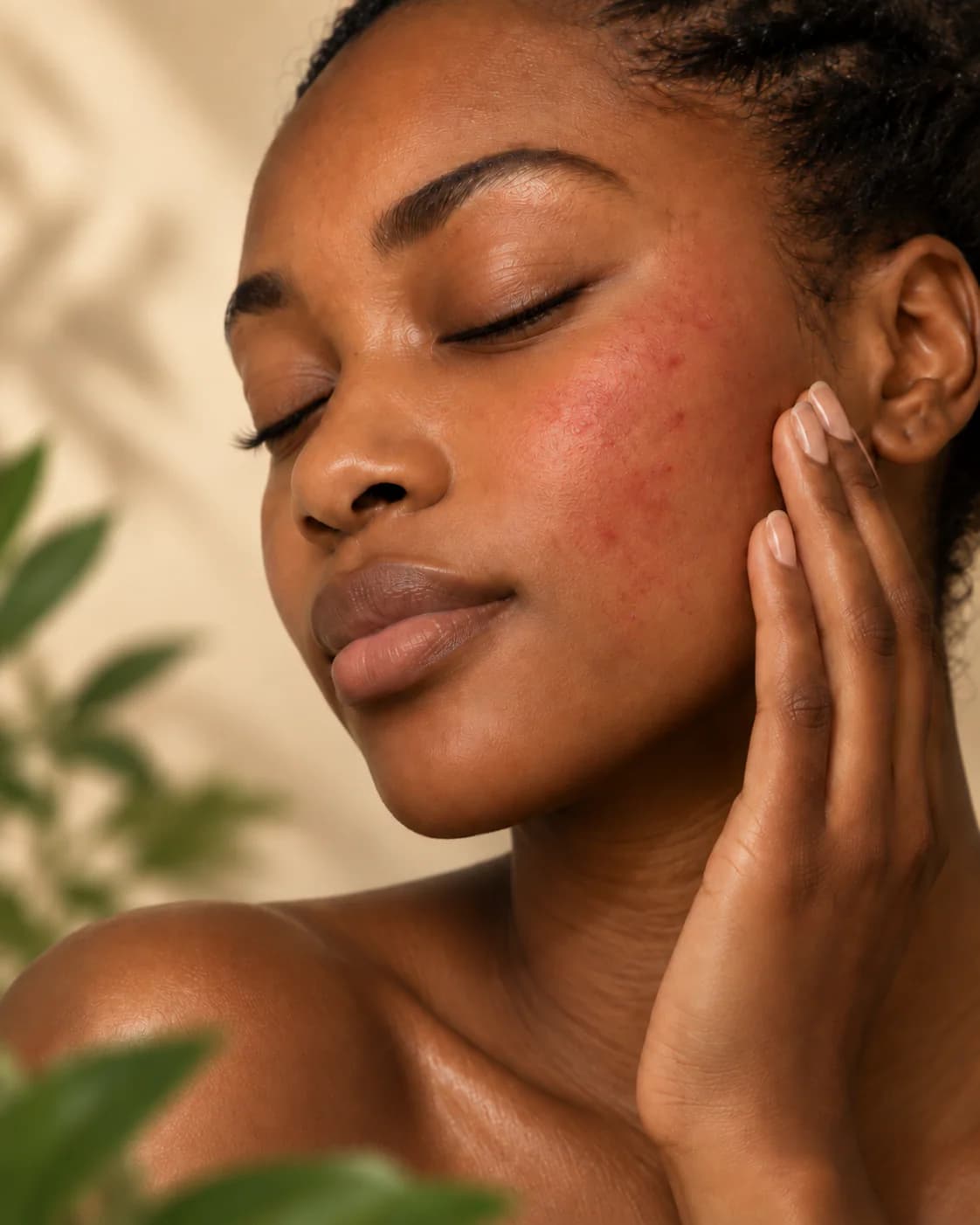 Femme noire touchant une joue présentant une rougeur visible